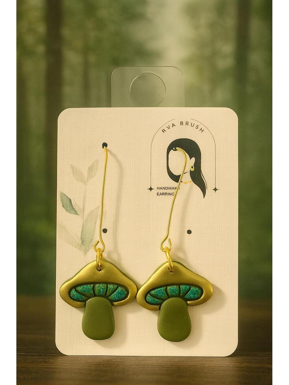 Handmade Polymer Clay Mushroom Earrings with Green and Gold Accents – Boho Chic,